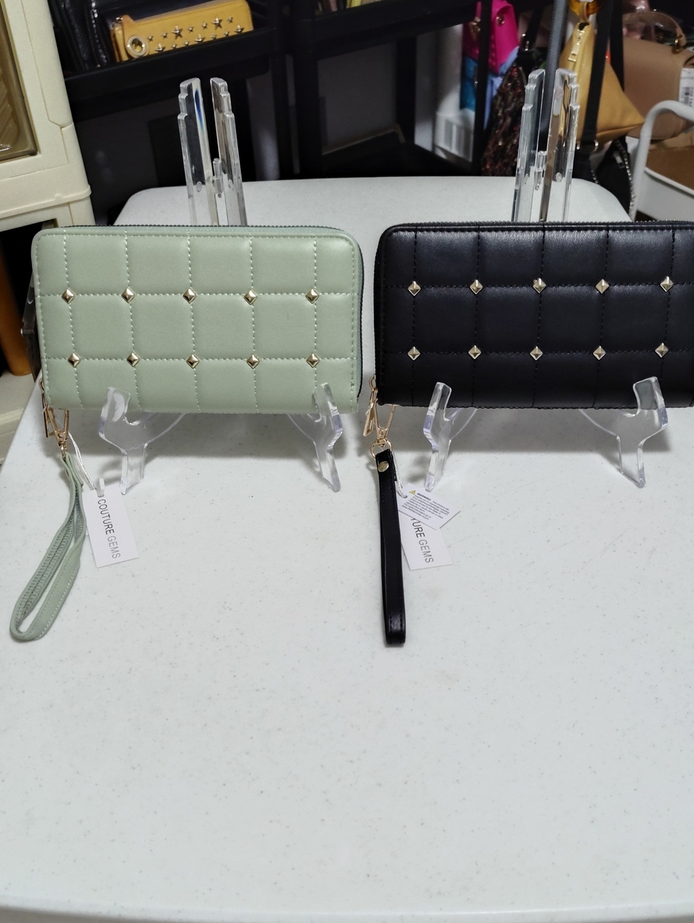 2 Brand New Quilted Zip-Around Wristlet Wallet - 1 Mint Green And 1 Black